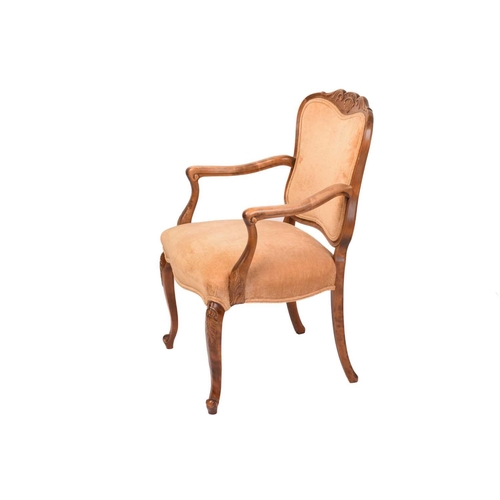 168 - A continental Birchwood open armchair or fauteuil, the shaped upholstered back with foliate scroll c... 