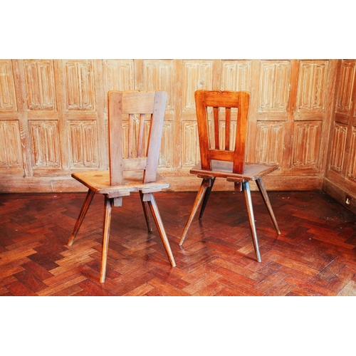 190 - Six Swiss Alpine folk chairs, with individual rail or roundel backs, solid seats and chamfered taper... 