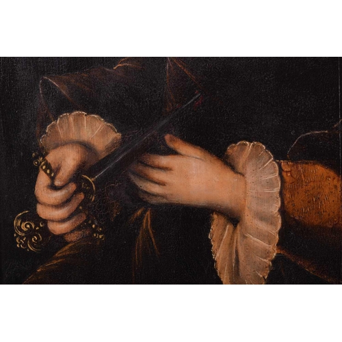 219 - French school, possibly sixteenth century, Lucretia with a dagger, unsigned, oil on panel, 61cm x 49... 