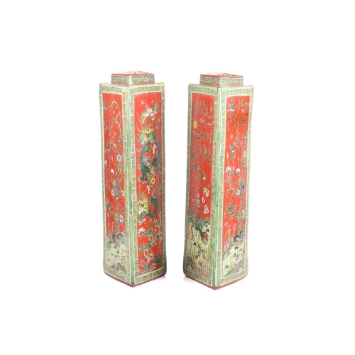 248 - A large pair of Chinese Famile Vert, lozenge section vases and covers, 20th century, each with lion ... 