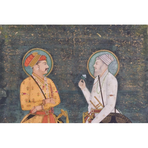 261 - Indian School, 19th century, full length portrait of two noblemen, each with a green nimbus, calligr... 