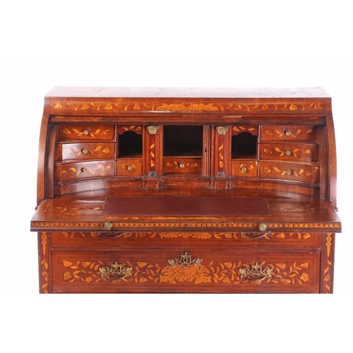 267 - A 19th century Dutch marquetry toll top bureau, with allover floral, foliate and cornucopia design, ... 