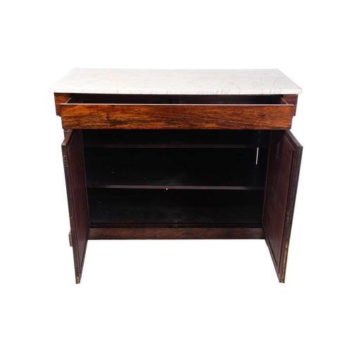 270 - An early Victorian rosewood chiffonier, the white marble top over a frieze drawer, on tapering turne... 