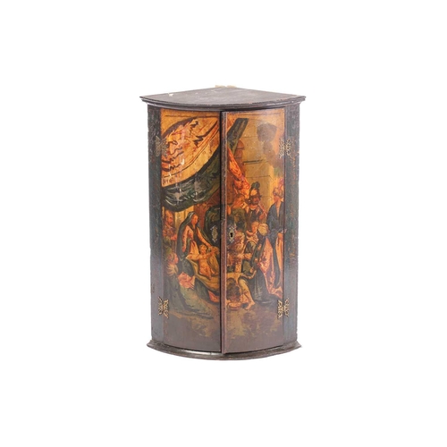 285 - A 19th century painted wood hanging corner cupboard, the twin doors depicting the Wise Men before th... 