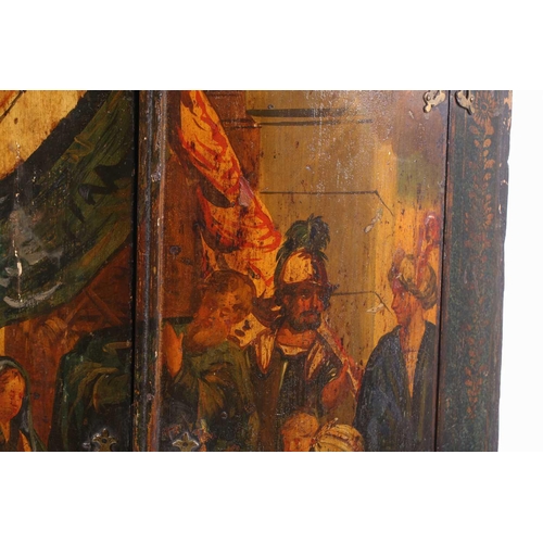 285 - A 19th century painted wood hanging corner cupboard, the twin doors depicting the Wise Men before th... 