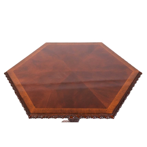 292 - A pair of George III style carved mahogany hexagonal pillar tables, 20th century, with crossbanded a... 