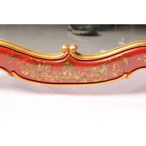 296 - A George II style parcel gilt wall mirror, by Brights of Nettlebed, with red Chinoiserie design fram... 