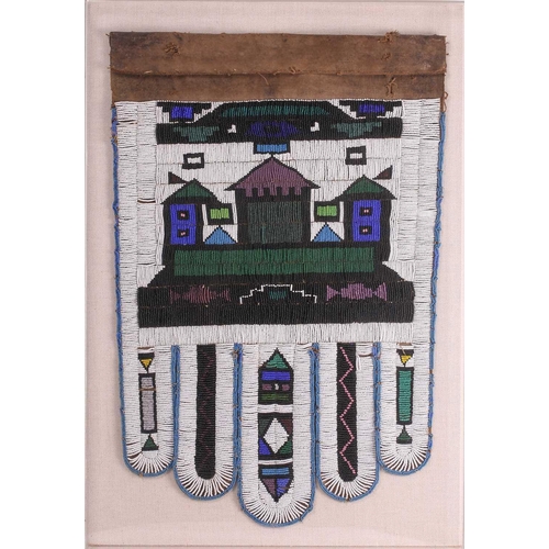 316 - Three Ndebele tribal beadwork panels attached to a canvas and encased in a perspex-boxed frame, the ... 