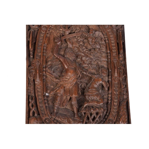 317 - A pair of 17th-century Flemish carved wood oak rectangular architectural panels, Adam and Eve, and A... 