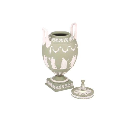 328 - A Wedgwood sage green jasperware ovoid vase urn and cover, mid to late 20th century, with two high l... 