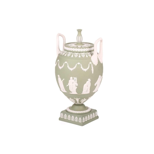 328 - A Wedgwood sage green jasperware ovoid vase urn and cover, mid to late 20th century, with two high l... 