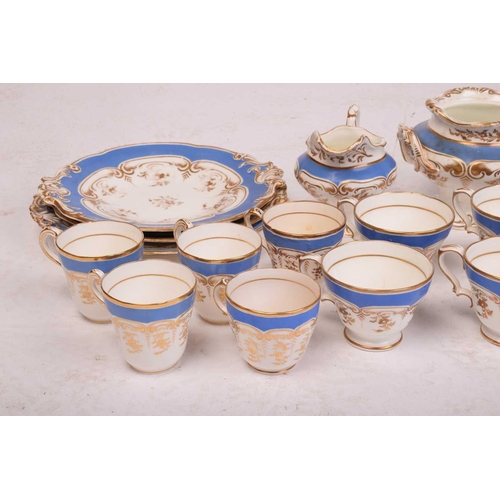 336 - A 19th century Worcester part tea service, some elements marked Grainger, in turquoise and gilt on a... 