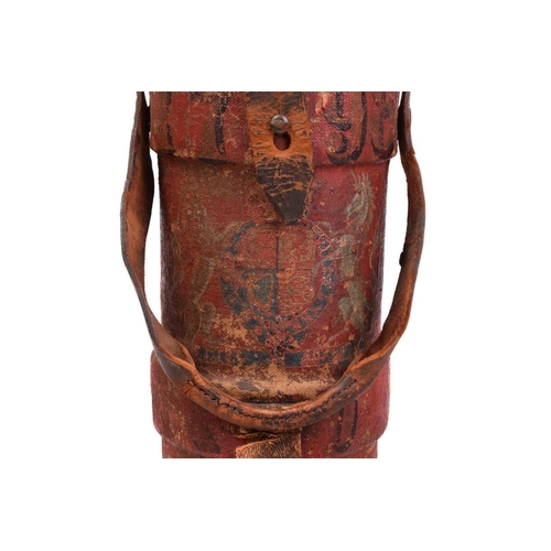 355 - A WWI Royal Navy doped canvas, leather and cork cordite magazine carrier and cover painted in red le... 