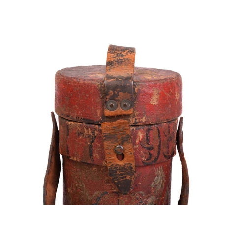 355 - A WWI Royal Navy doped canvas, leather and cork cordite magazine carrier and cover painted in red le... 