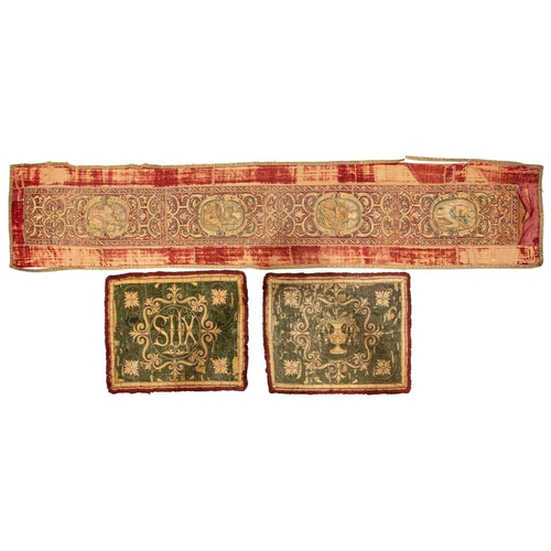 42 - A pair of silk and velvet embroidered altar cloths, probably 18th century, 55 cm x 41 cm, together w... 