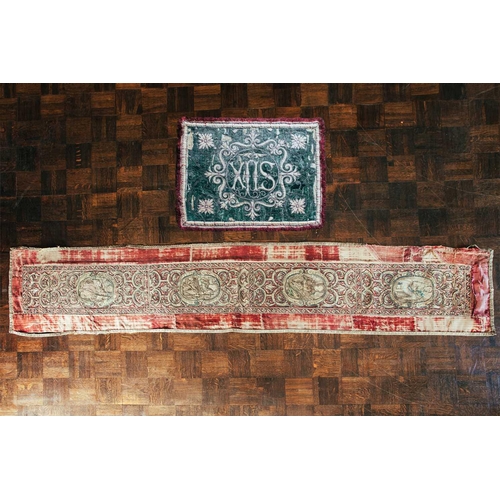 42 - A pair of silk and velvet embroidered altar cloths, probably 18th century, 55 cm x 41 cm, together w... 