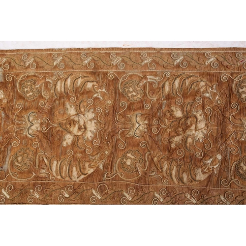 52 - A group of silk worked panels including a possibly century silk altar cloth/wall hanging with floral... 