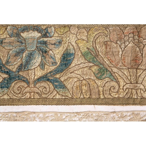 52 - A group of silk worked panels including a possibly century silk altar cloth/wall hanging with floral... 