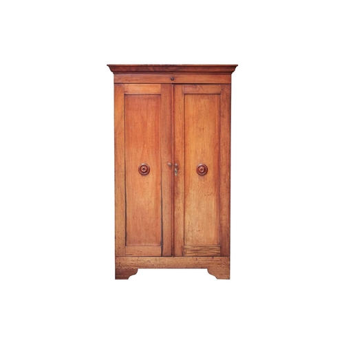 69 - A Victorian mahogany twin door cupboard, the cavetto moulded cornice with a single roundel applied f... 