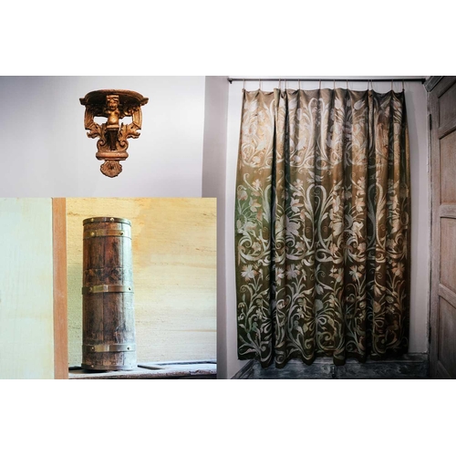 7 - A coopered oak and brass umbrella stand, 58c m high, together with an Italian Baroque giltwood wall ... 