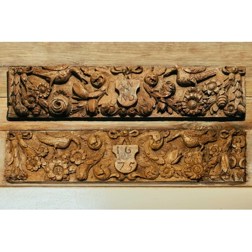 85 - A pair of 17th century oak carved panels, one dated '1675', 13 cm x 61 cm Provenance: The contents o... 