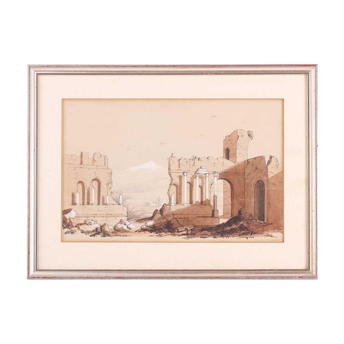 242 - Manner of David Roberts (1796 - 1864), Classical ruins with village beyond, bears a signature, ink, ... 