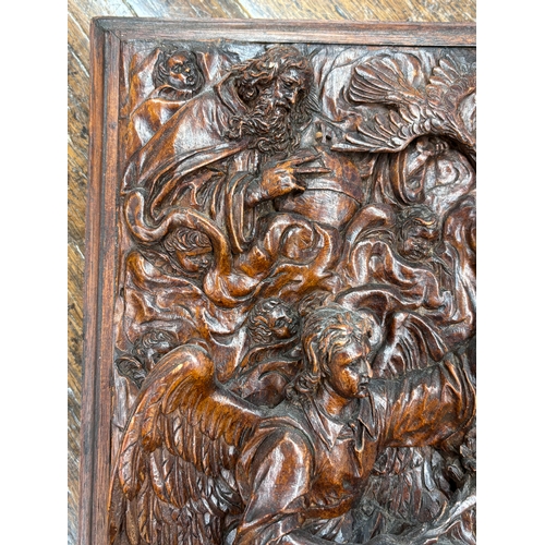 101 - 16th century Italian School, depiction of the Annunciation, carved softwood square panel, 29 cm x 29... 