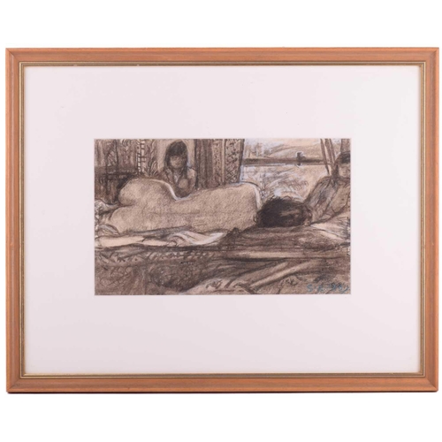 100 - † S.R. (20th century), Nude on a bed by a window, signed and dated 1979 & 80, charcoal on paper with... 