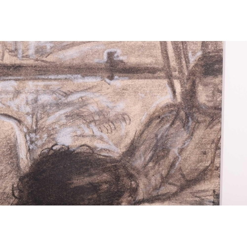 100 - † S.R. (20th century), Nude on a bed by a window, signed and dated 1979 & 80, charcoal on paper with... 