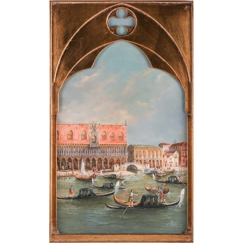 21 - † E. Melis (twentieth century), A triptych of gondolas in Venice in arched panels, two panels signed... 