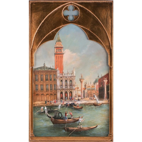 21 - † E. Melis (twentieth century), A triptych of gondolas in Venice in arched panels, two panels signed... 