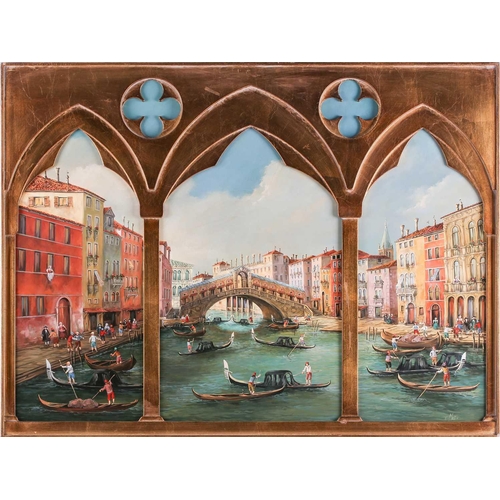 21 - † E. Melis (twentieth century), A triptych of gondolas in Venice in arched panels, two panels signed... 