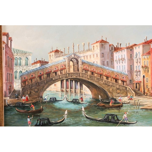 21 - † E. Melis (twentieth century), A triptych of gondolas in Venice in arched panels, two panels signed... 