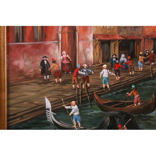 21 - † E. Melis (twentieth century), A triptych of gondolas in Venice in arched panels, two panels signed... 