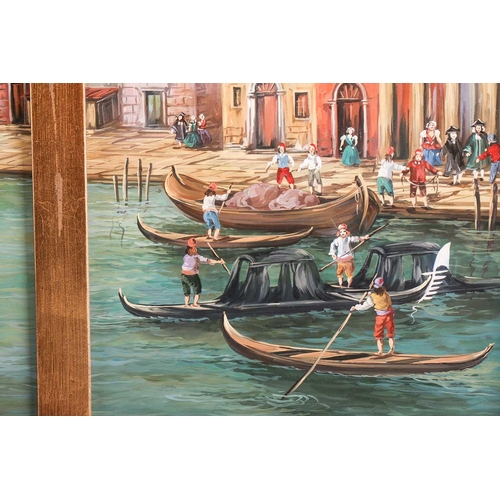 21 - † E. Melis (twentieth century), A triptych of gondolas in Venice in arched panels, two panels signed... 