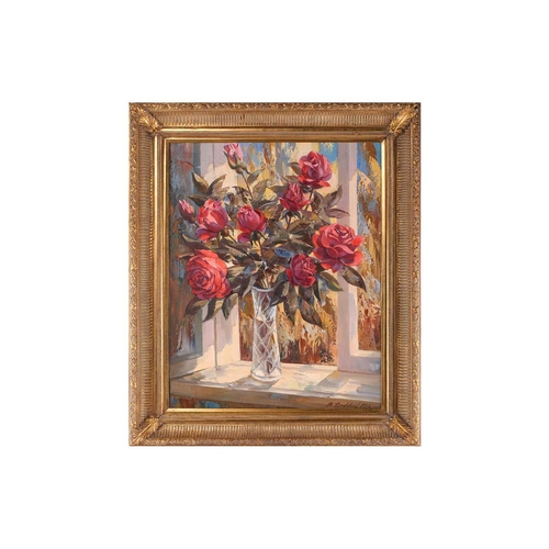 17 - Russian School, Still life with roses on a window sill, indistinctly signed and dated 1994, oil on b... 