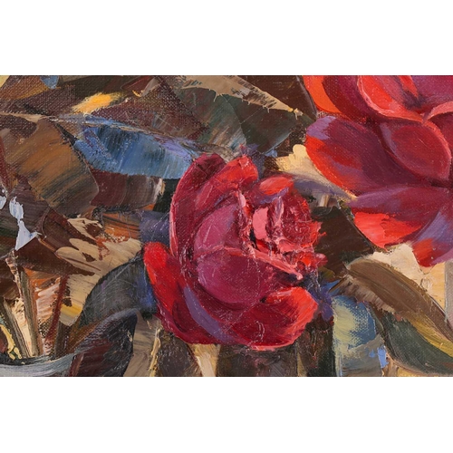 17 - Russian School, Still life with roses on a window sill, indistinctly signed and dated 1994, oil on b... 