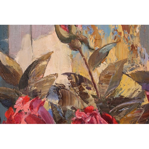 17 - Russian School, Still life with roses on a window sill, indistinctly signed and dated 1994, oil on b... 