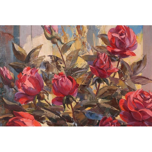 17 - Russian School, Still life with roses on a window sill, indistinctly signed and dated 1994, oil on b... 