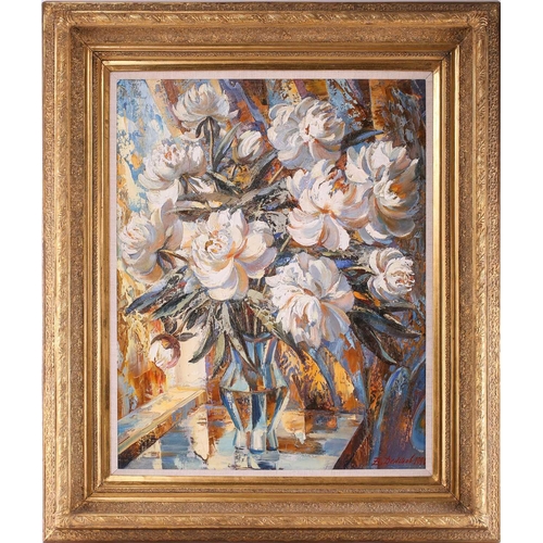 18 - Russian School, Still life with white flowers on a window sill, indistinctly signed and dated 1990, ... 