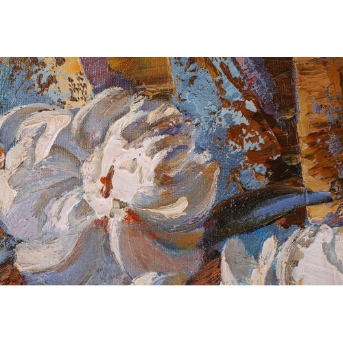 18 - Russian School, Still life with white flowers on a window sill, indistinctly signed and dated 1990, ... 