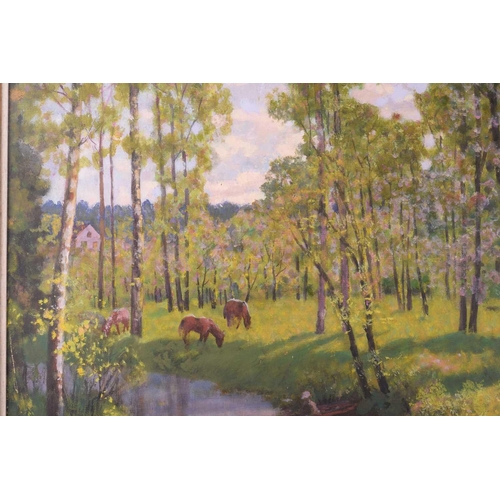 24 - Arseny Vlasov (1914 - 1997) Russian, Horses in a wooded meadow with stream and figure in a boat, oil... 