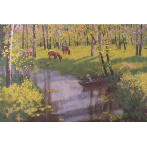 24 - Arseny Vlasov (1914 - 1997) Russian, Horses in a wooded meadow with stream and figure in a boat, oil... 