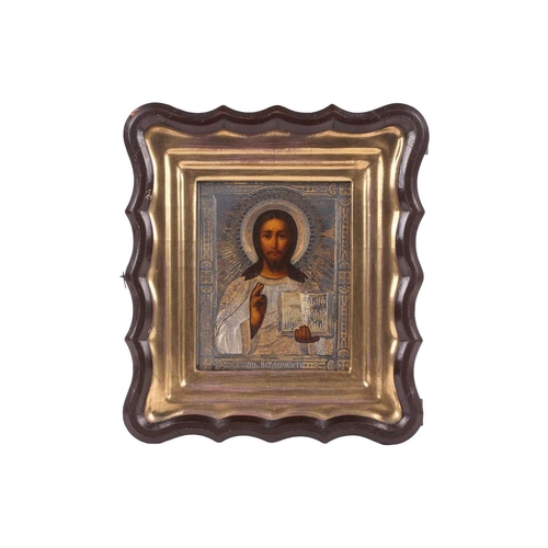 246 - A Russian Christ Pantocrator icon, late 19th century, with pierced and engraved and gilt white metal... 