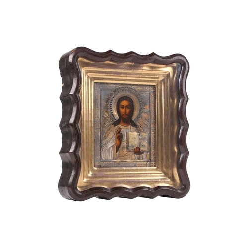 246 - A Russian Christ Pantocrator icon, late 19th century, with pierced and engraved and gilt white metal... 