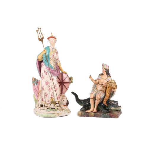 295 - A large Derby Porcelain Figure of Britannia, circa 1770, the standing goddess with a shield at one s... 