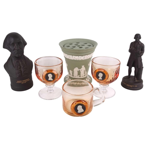 297 - A collection of boxed Wedgwood commemorative items, comprising a black basalt bust of George Washing... 