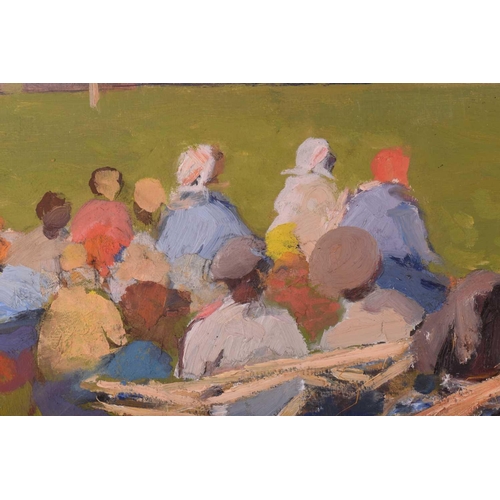 30 - Arseny Vlasov (1914 - 1997) Russian, Figures watching a village show, unsigned, oil on board, 48 cm ... 