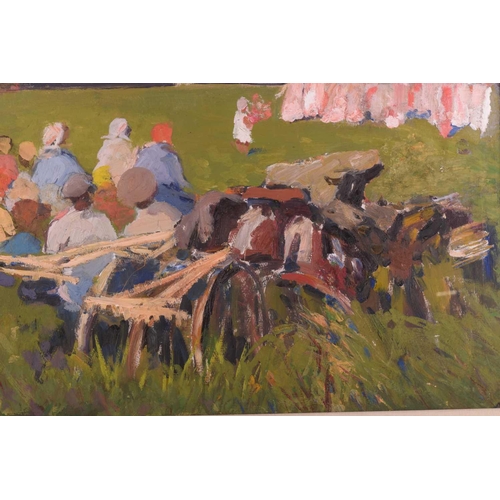 30 - Arseny Vlasov (1914 - 1997) Russian, Figures watching a village show, unsigned, oil on board, 48 cm ... 