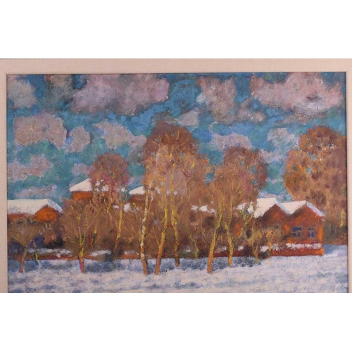 41 - Arseny Vlasov (1914 - 1997) Russian, Winter Buildings, unsigned, oil on board, 50.5 cm x 71 cm, glaz... 